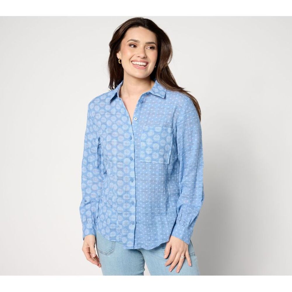 Liberare Women's Top Sz XL Mixed Print Boyfriend Shirt Blue A647301